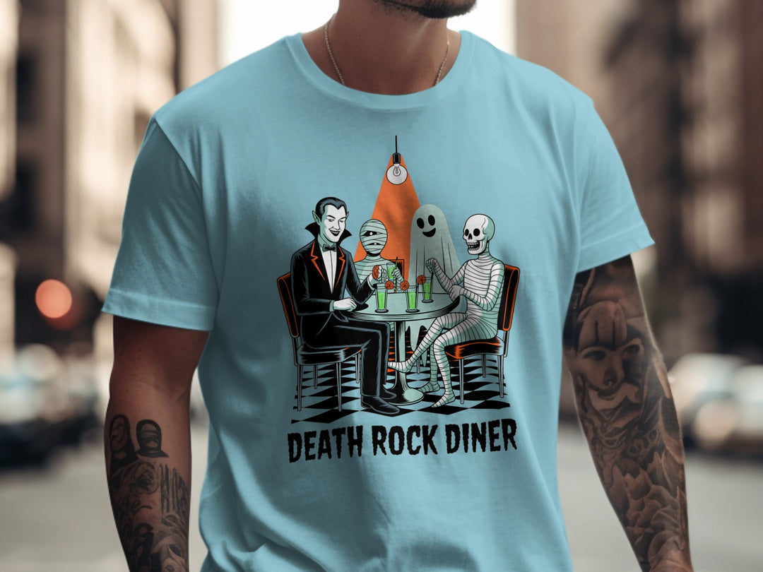 Halloween T-shirt for men with vampire, mummy, ghost and skeleton at retro diner