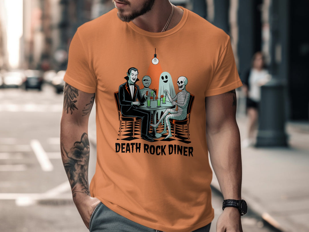 Halloween T-shirt for men with vampire, mummy, ghost and skeleton at retro diner