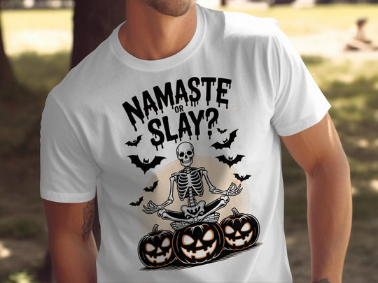 Halloween T-shirt for men with skeleton in yoga pose, pumpkins and bats, “Namaste or Slay?”