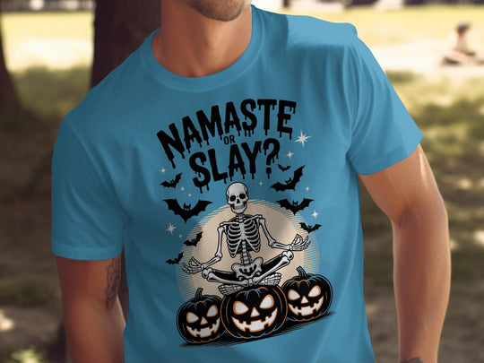 Halloween T-shirt for men with skeleton in yoga pose, pumpkins and bats, “Namaste or Slay?”