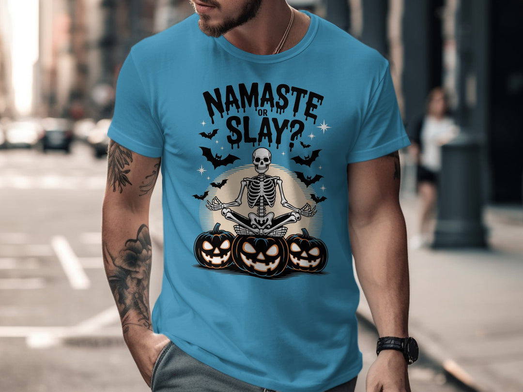 Halloween T-shirt for men with skeleton in yoga pose, pumpkins and bats, “Namaste or Slay?”