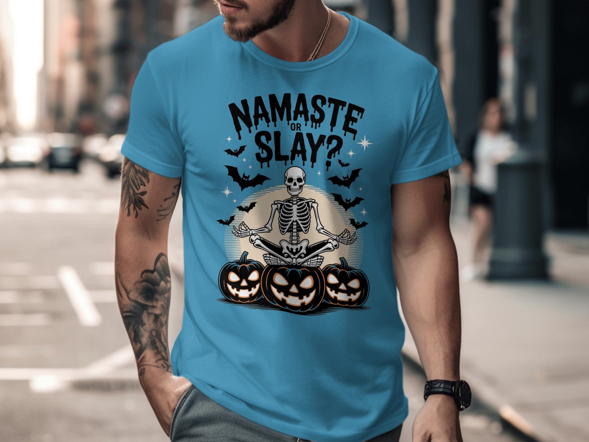 Halloween T-shirt for men with skeleton in yoga pose, pumpkins and bats, “Namaste or Slay?”