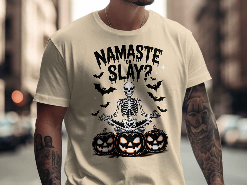 Halloween T-shirt for men with skeleton in yoga pose, pumpkins and bats, “Namaste or Slay?”