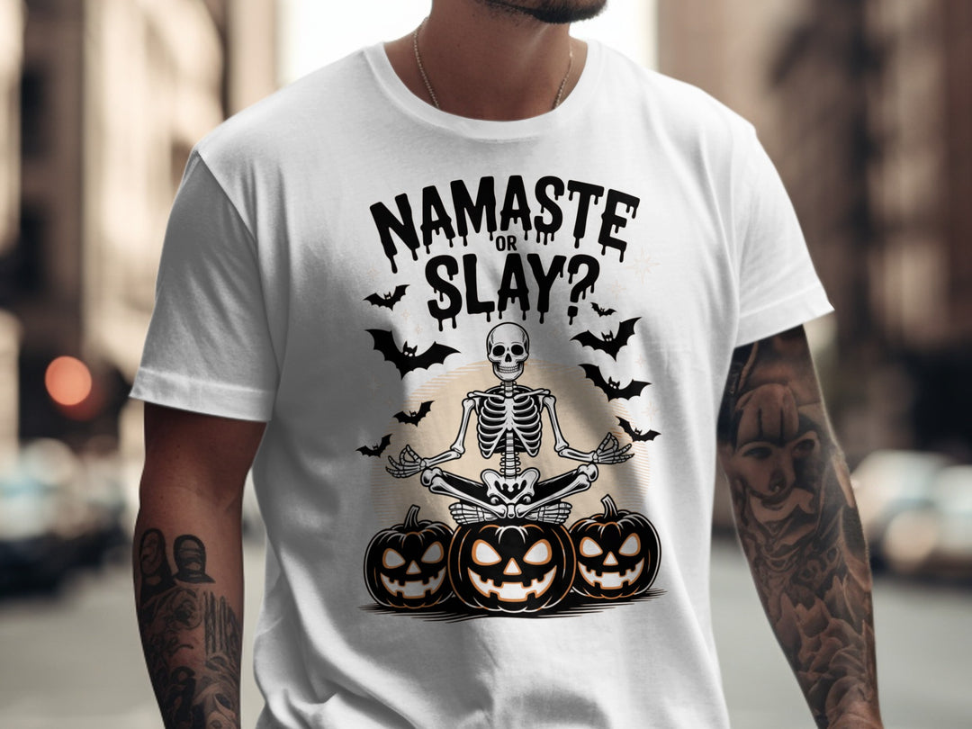 Halloween T-shirt for men with skeleton in yoga pose, pumpkins and bats, “Namaste or Slay?”