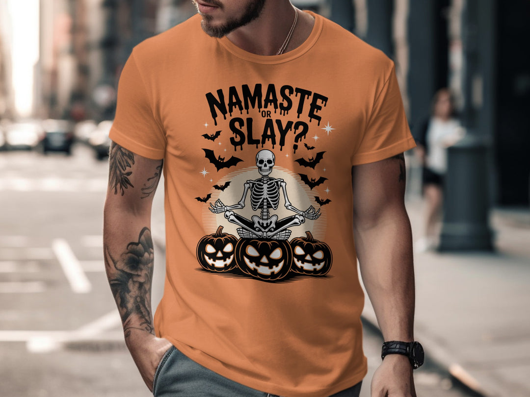 Halloween T-shirt for men with skeleton in yoga pose, pumpkins and bats, “Namaste or Slay?”