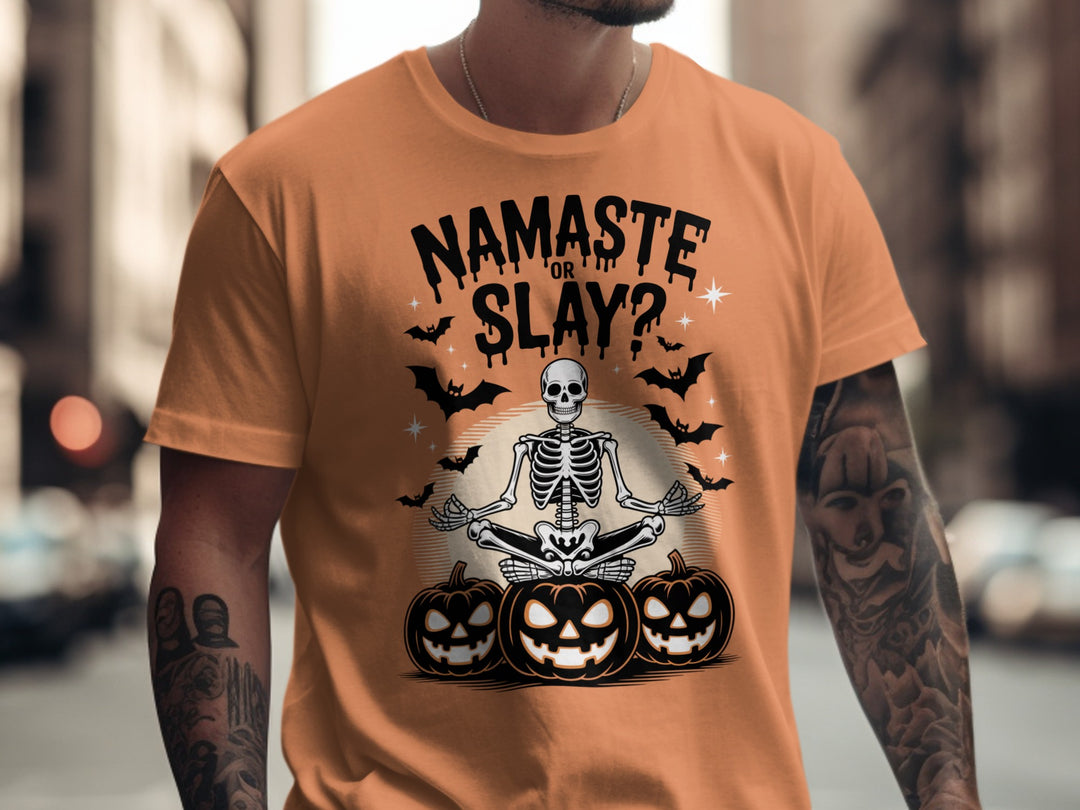 Halloween T-shirt for men with skeleton in yoga pose, pumpkins and bats, “Namaste or Slay?”