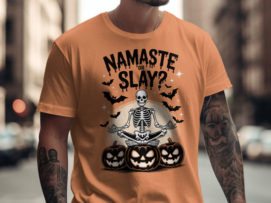 Halloween T-shirt for men with skeleton in yoga pose, pumpkins and bats, “Namaste or Slay?”