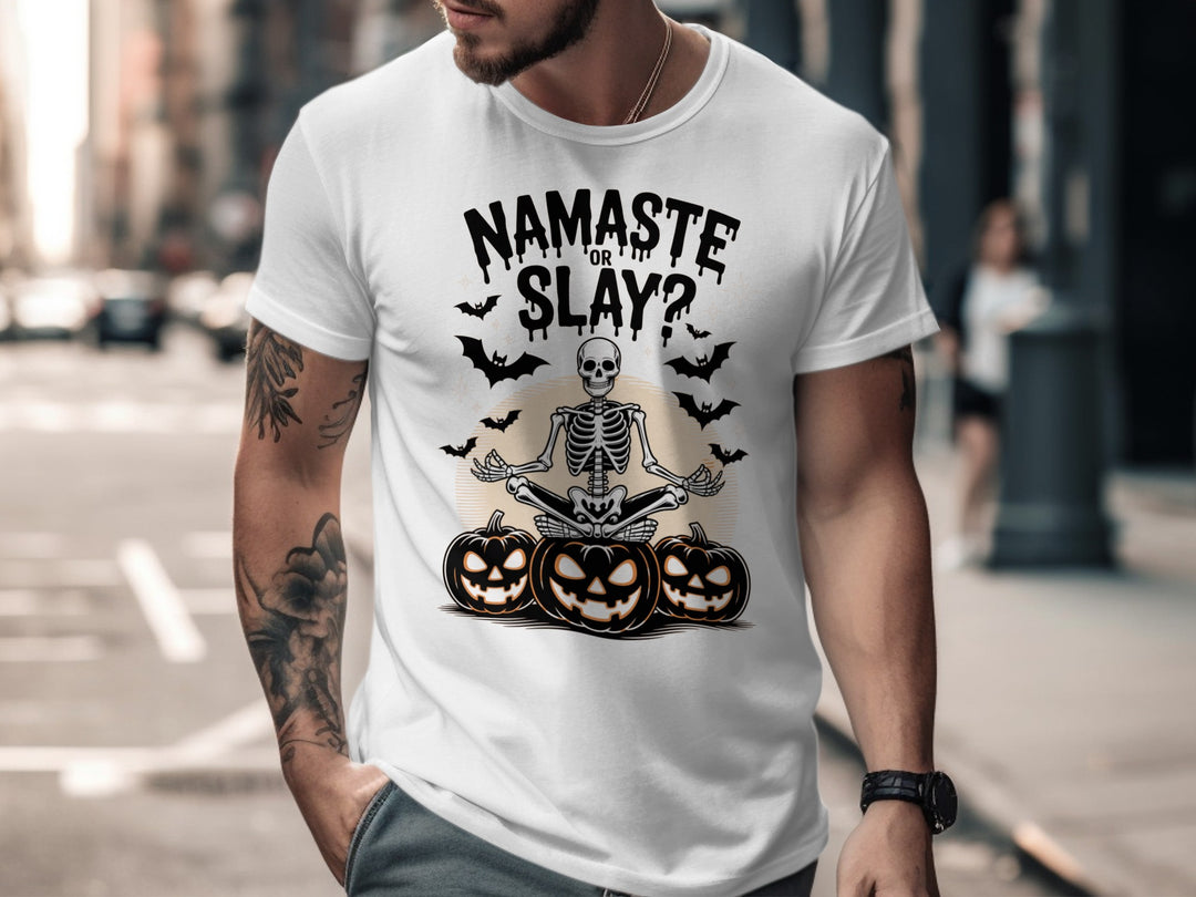Halloween T-shirt for men with skeleton in yoga pose, pumpkins and bats, “Namaste or Slay?”