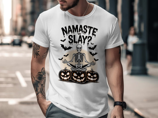 Halloween T-shirt for men with skeleton in yoga pose, pumpkins and bats, “Namaste or Slay?”