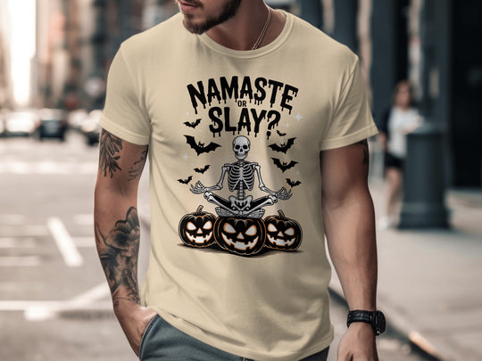 Halloween T-shirt for men with skeleton in yoga pose, pumpkins and bats, “Namaste or Slay?”
