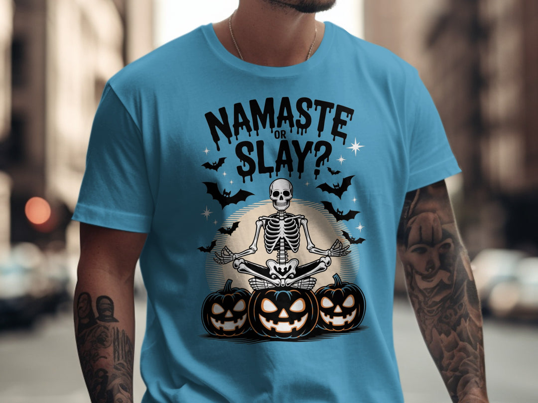 Halloween T-shirt for men with skeleton in yoga pose, pumpkins and bats, “Namaste or Slay?”