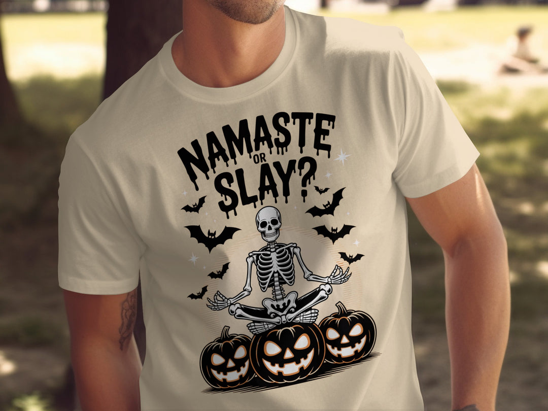 Halloween T-shirt for men with skeleton in yoga pose, pumpkins and bats, “Namaste or Slay?”