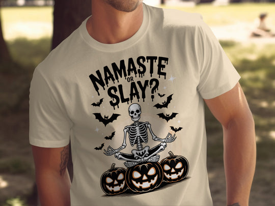 Halloween T-shirt for men with skeleton in yoga pose, pumpkins and bats, “Namaste or Slay?”