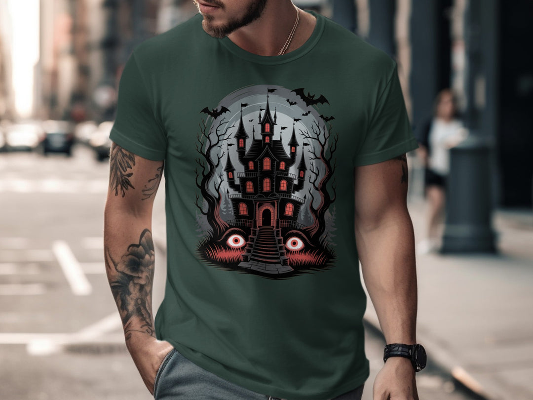 Halloween T-shirt for men with haunted mansion, red windows, bats and eerie eyes graphic