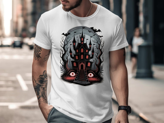Halloween T-shirt for men with haunted mansion, red windows, bats and eerie eyes graphic