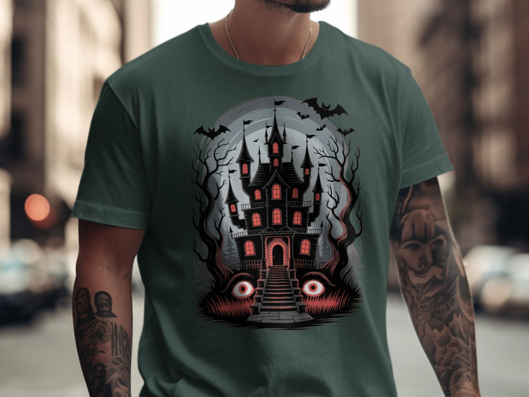 Halloween T-shirt for men with haunted mansion, red windows, bats and eerie eyes graphic