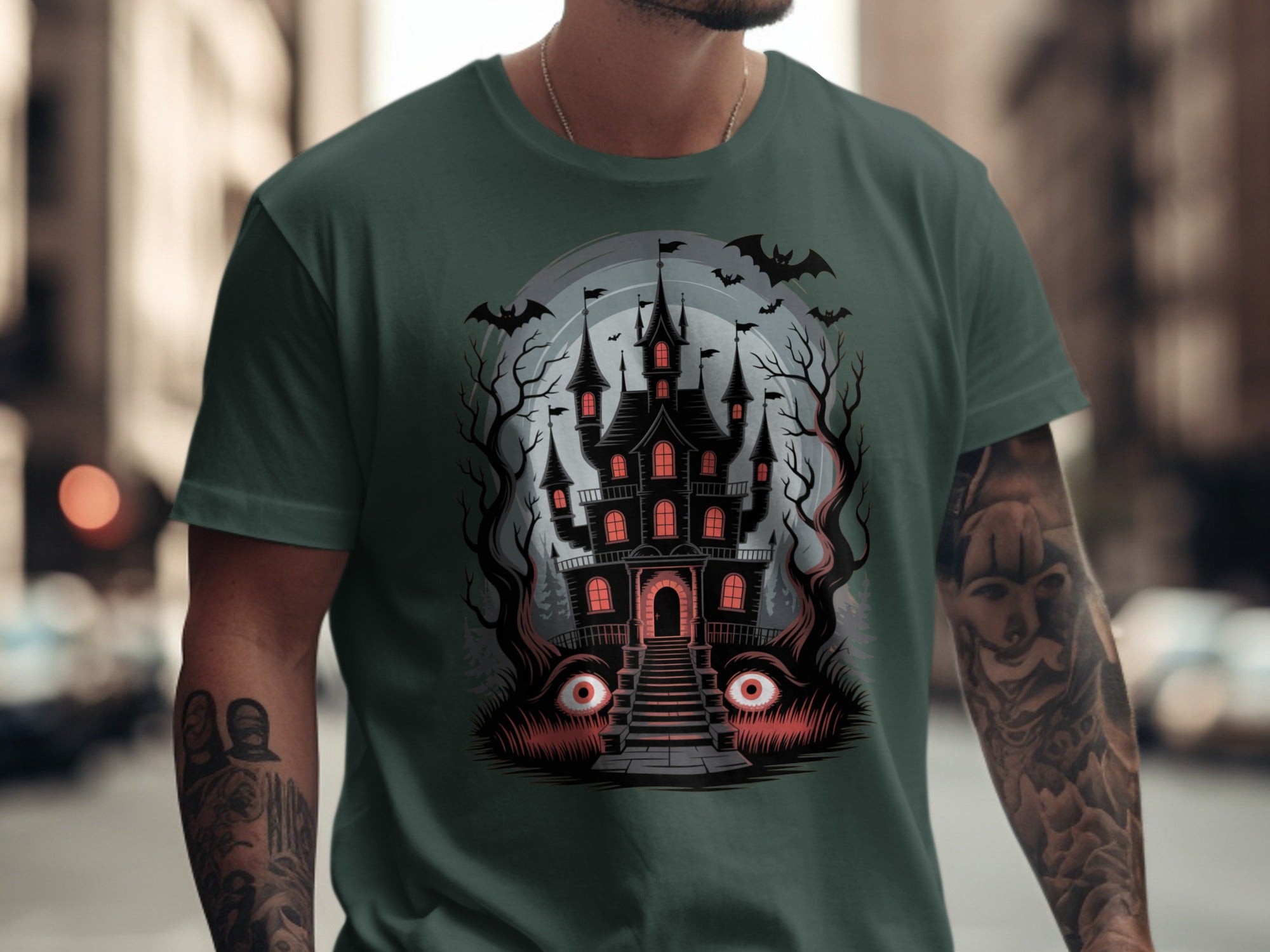 Halloween T-shirt for men with haunted mansion, red windows, bats and eerie eyes graphic