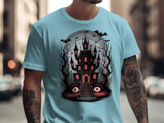 Halloween T-shirt for men with haunted mansion, red windows, bats and eerie eyes graphic