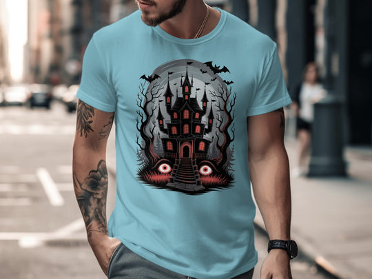 Halloween T-shirt for men with haunted mansion, red windows, bats and eerie eyes graphic