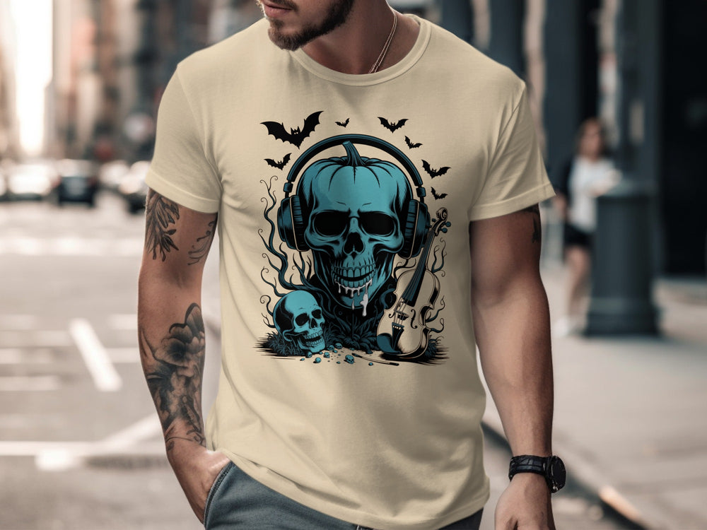 Halloween T-shirt for men with teal pumpkin skull in headphones, bats and violin
