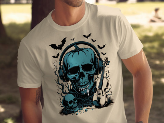 Halloween T-shirt for men with teal pumpkin skull in headphones, bats and violin