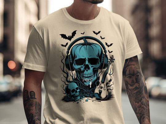 Halloween T-shirt for men with teal pumpkin skull in headphones, bats and violin