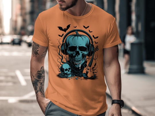 Halloween T-shirt for men with teal pumpkin skull in headphones, bats and violin