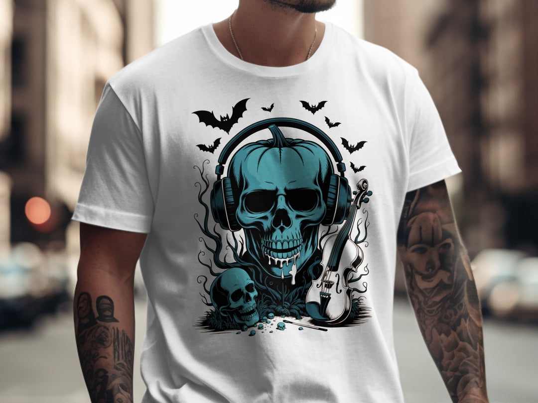 Halloween T-shirt for men with teal pumpkin skull in headphones, bats and violin