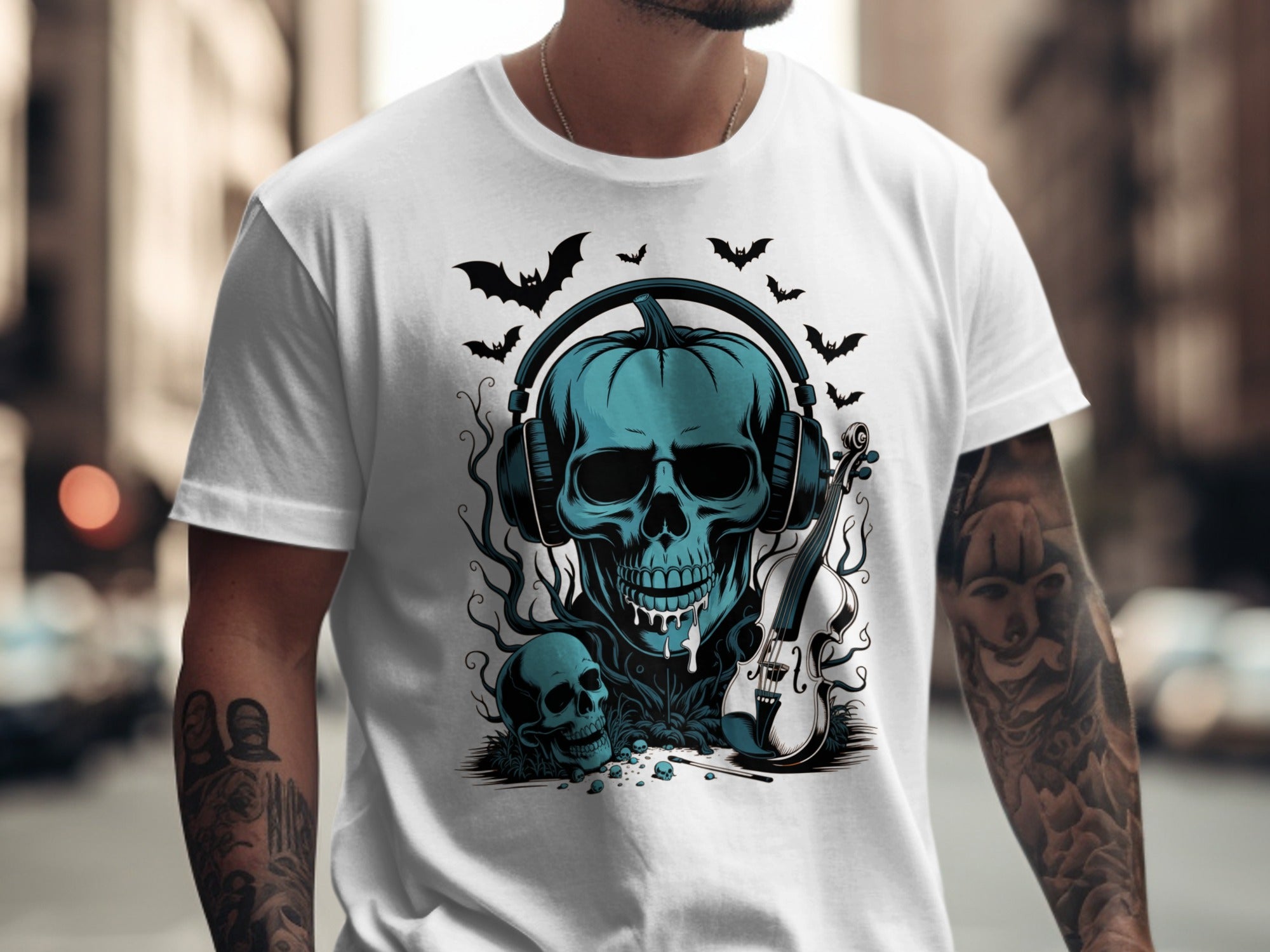 Halloween T-shirt for men with teal pumpkin skull in headphones, bats and violin