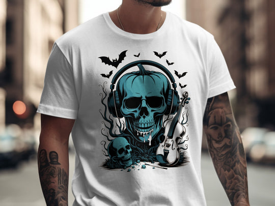 Halloween T-shirt for men with teal pumpkin skull in headphones, bats and violin
