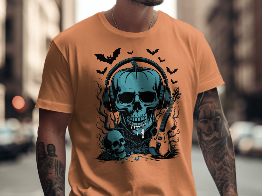 Halloween T-shirt for men with teal pumpkin skull in headphones, bats and violin