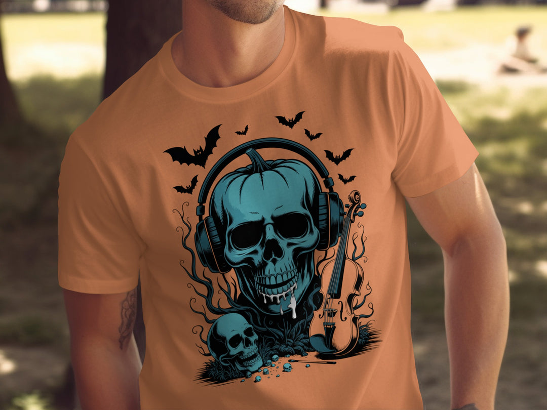 Halloween T-shirt for men with teal pumpkin skull in headphones, bats and violin