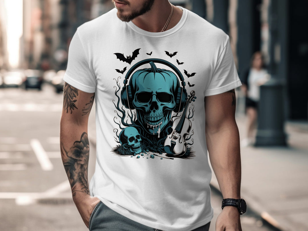 Halloween T-shirt for men with teal pumpkin skull in headphones, bats and violin