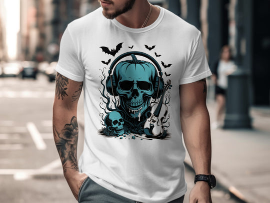Halloween T-shirt for men with teal pumpkin skull in headphones, bats and violin
