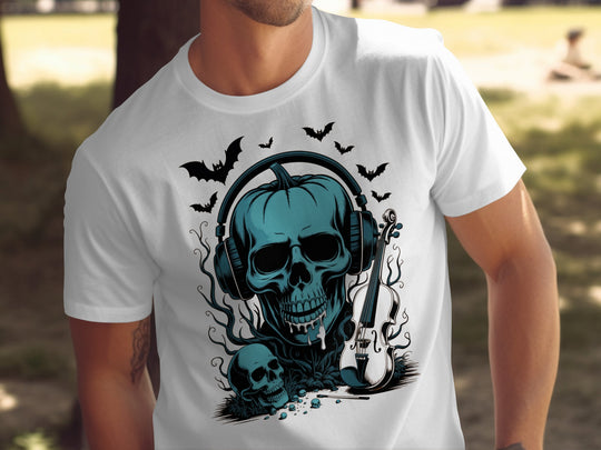Halloween T-shirt for men with teal pumpkin skull in headphones, bats and violin