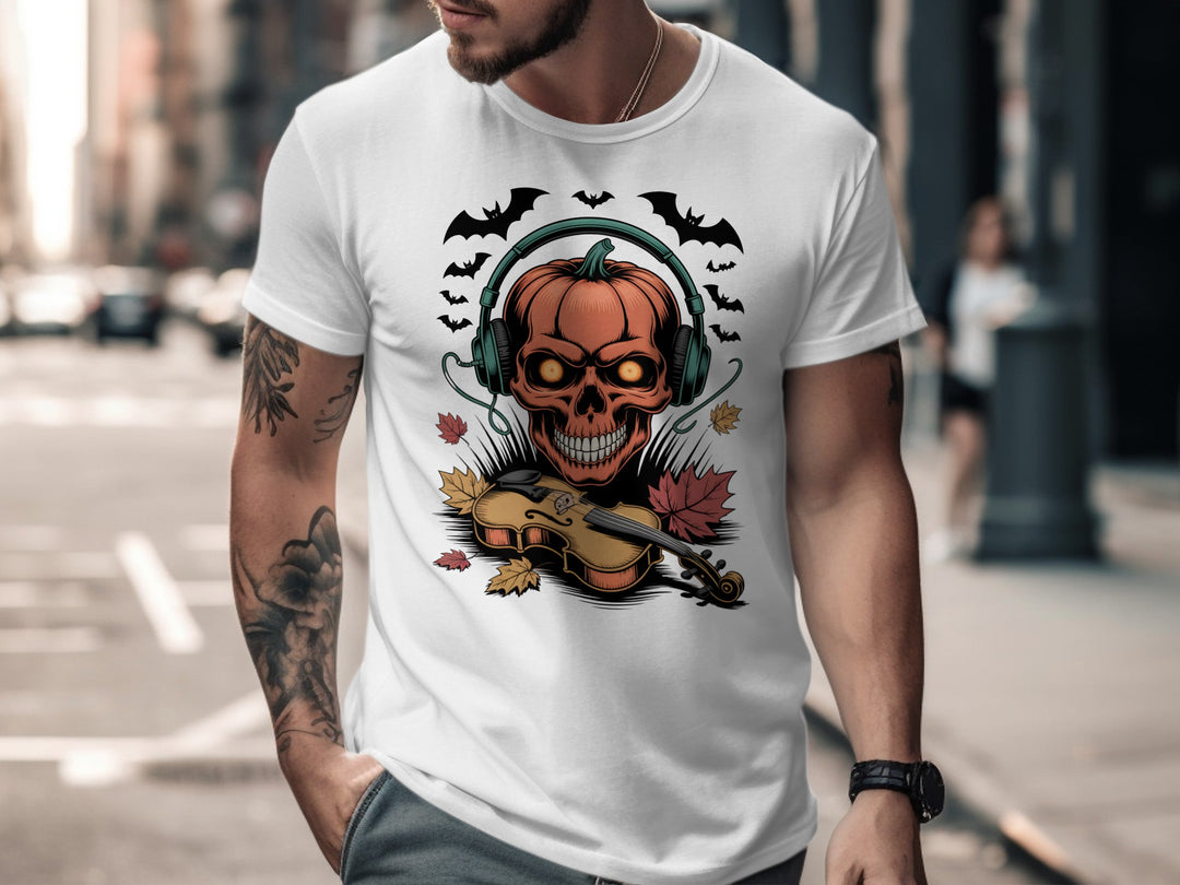Halloween T-shirt for men with pumpkin skull in headphones and violin, bats and leaves