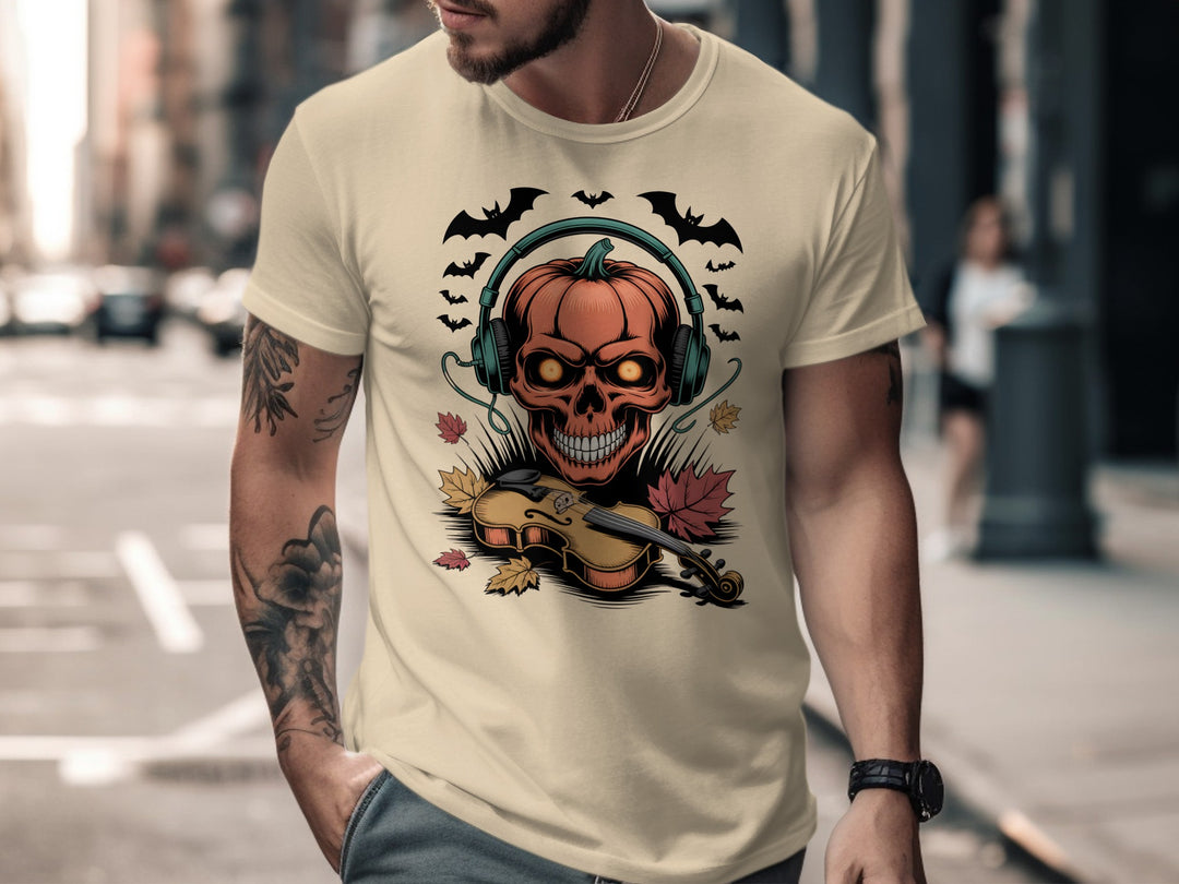 Halloween T-shirt for men with pumpkin skull in headphones and violin, bats and leaves