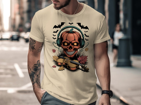 Halloween T-shirt for men with pumpkin skull in headphones and violin, bats and leaves