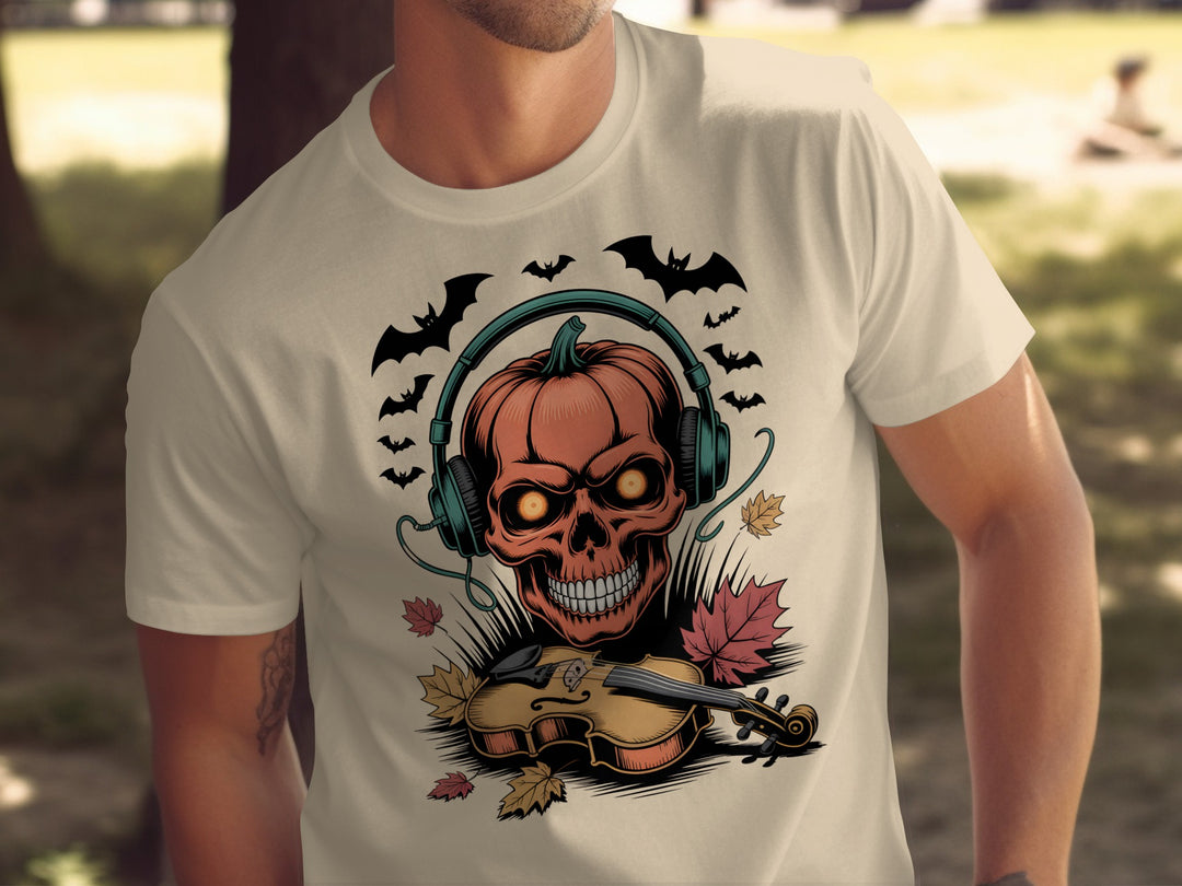 Halloween T-shirt for men with pumpkin skull in headphones and violin, bats and leaves