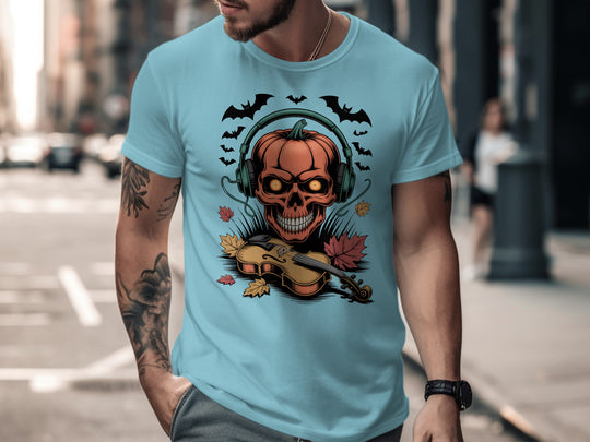 Halloween T-shirt for men with pumpkin skull in headphones and violin, bats and leaves