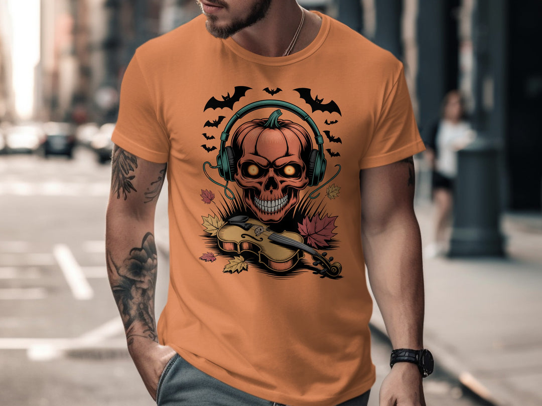 Halloween T-shirt for men with pumpkin skull in headphones and violin, bats and leaves