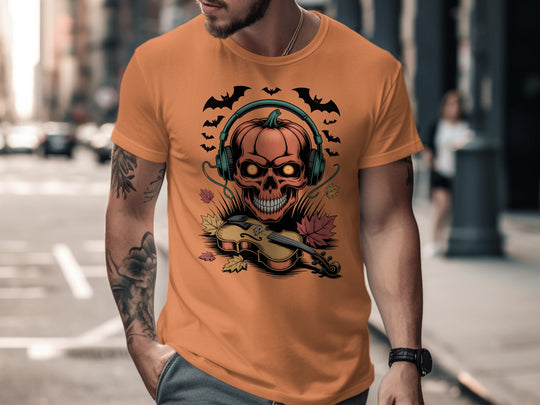 Halloween T-shirt for men with pumpkin skull in headphones and violin, bats and leaves