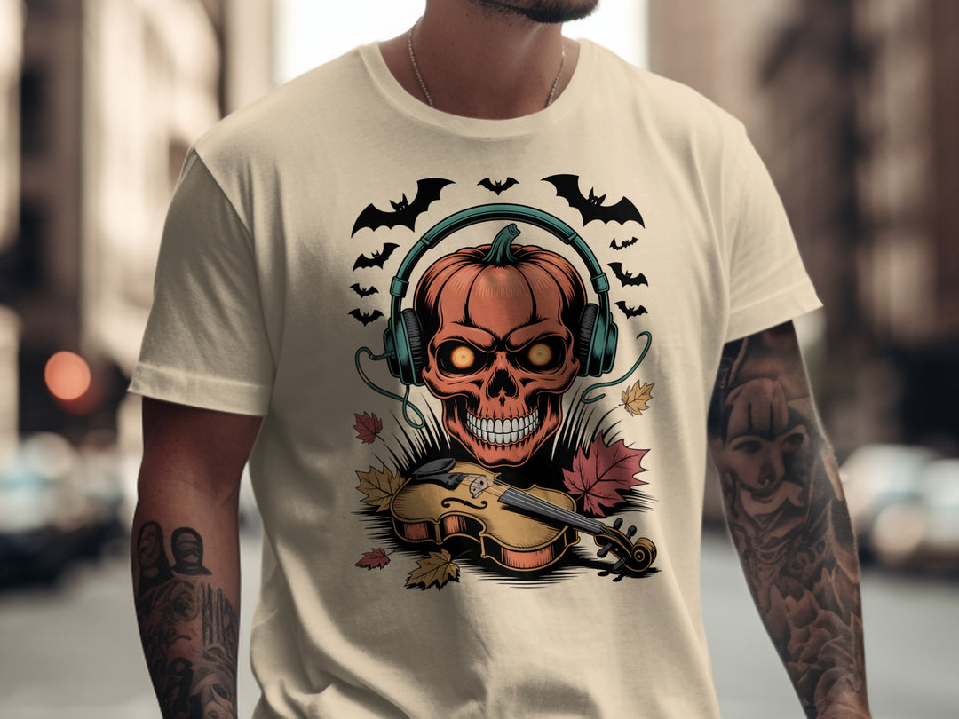 Halloween T-shirt for men with pumpkin skull in headphones and violin, bats and leaves
