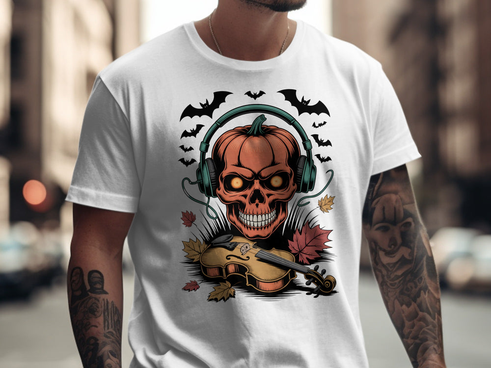 Halloween T-shirt for men with pumpkin skull in headphones and violin, bats and leaves