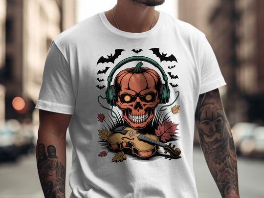 Halloween T-shirt for men with pumpkin skull in headphones and violin, bats and leaves