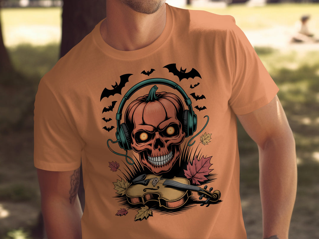 Halloween T-shirt for men with pumpkin skull in headphones and violin, bats and leaves