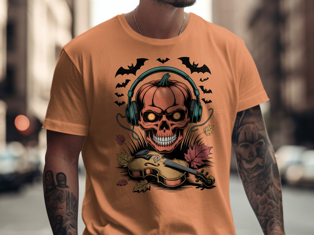 Halloween T-shirt for men with pumpkin skull in headphones and violin, bats and leaves