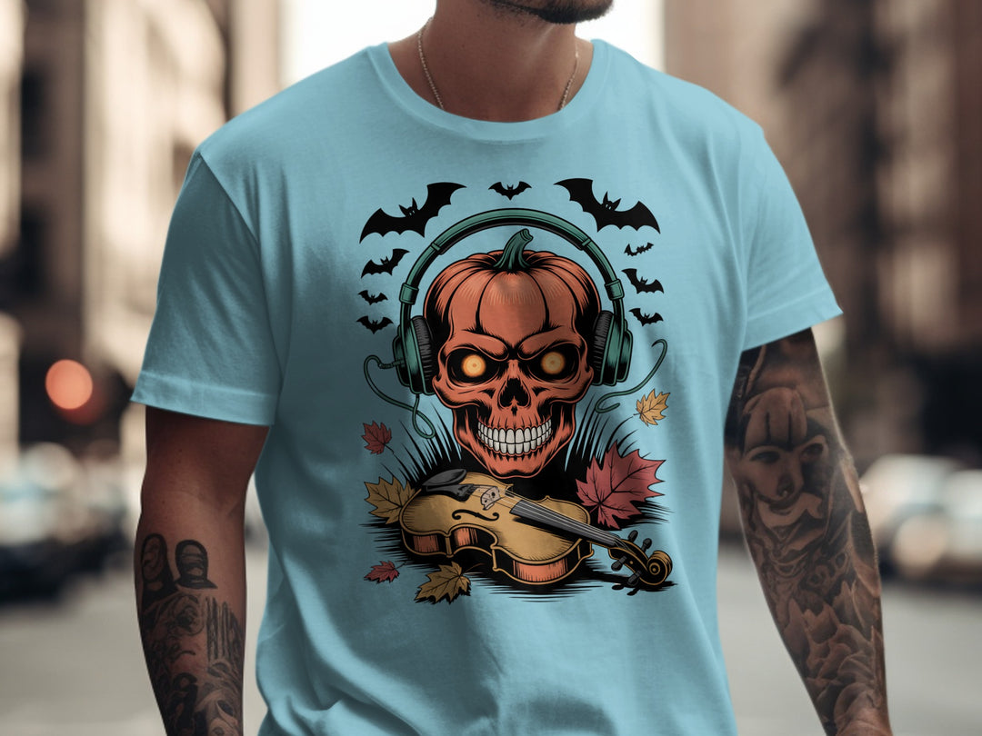 Halloween T-shirt for men with pumpkin skull in headphones and violin, bats and leaves
