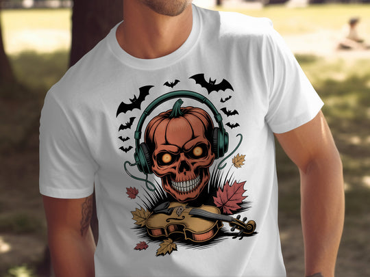 Halloween T-shirt for men with pumpkin skull in headphones and violin, bats and leaves