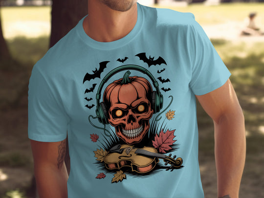 Halloween T-shirt for men with pumpkin skull in headphones and violin, bats and leaves